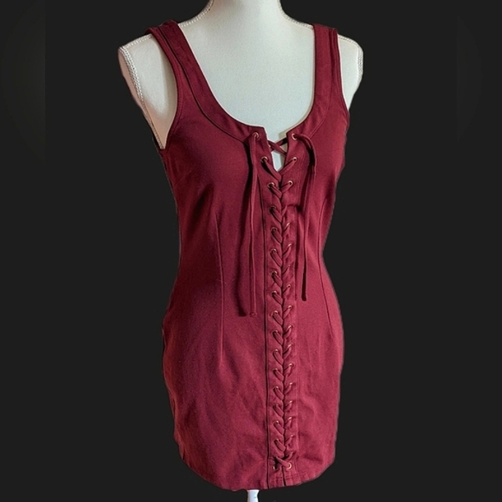 Guess Burgundy Dark Red Mini Dress Full Lace up Front Scoop Neck Medium